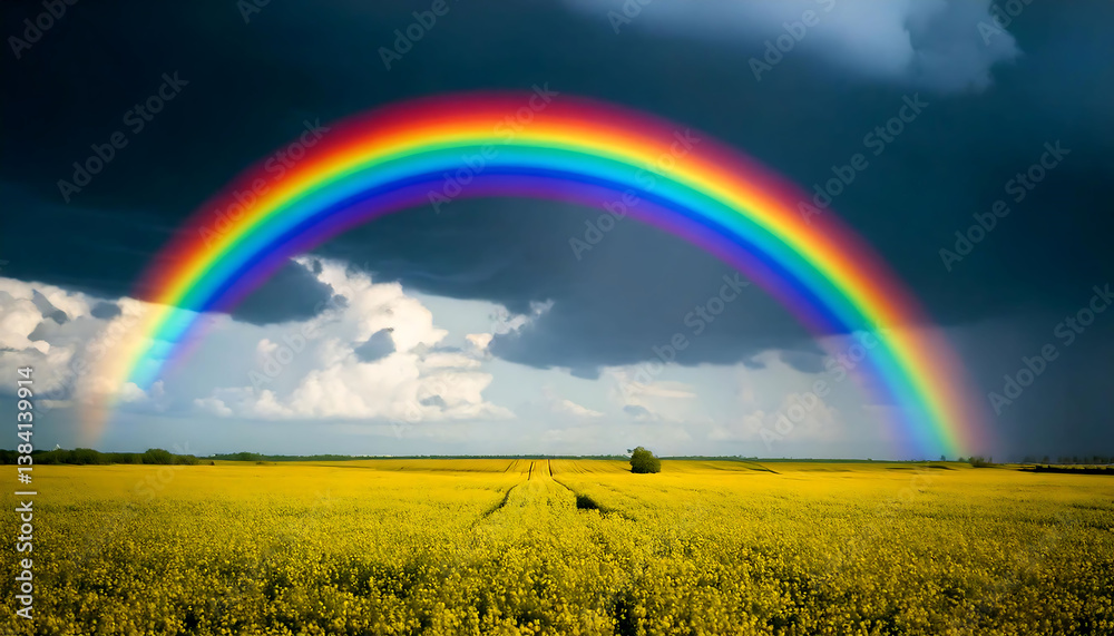 Naklejka premium Vibrant rainbow arcing over a vast, golden yellow rapeseed field. Dramatic storm clouds create a stunning backdrop. Perfect for illustrating themes of hope, nature, renewal, and agriculture.