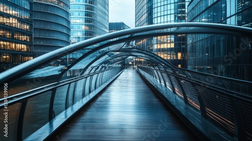 Modern pedestrian bridge in city environment with tall buildings and reflective surfaces.