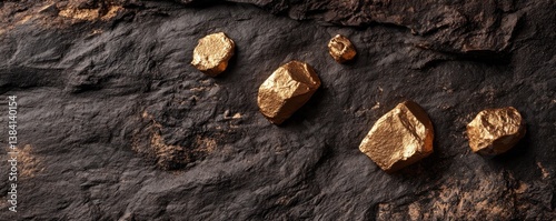 Golden nuggets on dark rock surface