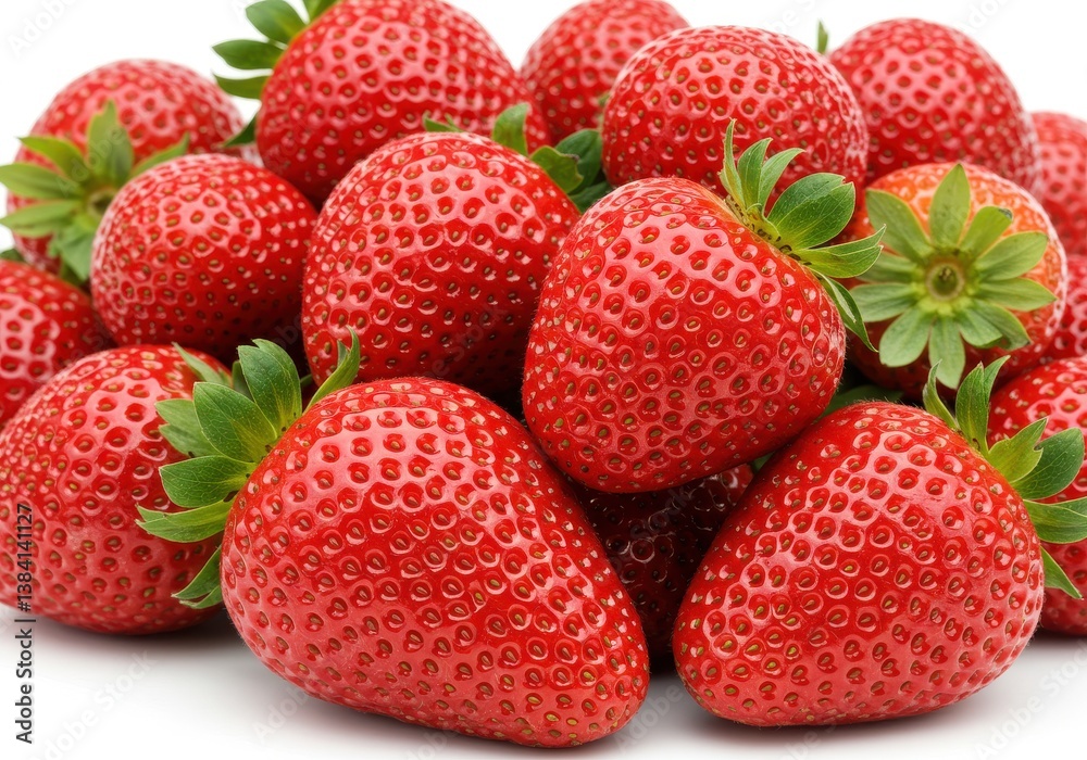 A close up view of a pile of fresh ripe strawberries with green leaves on a white background surface A close up view of a pile of fresh ripe strawberries with green leaves on a white background surface
