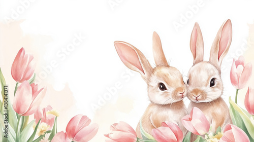 Watercolor illustration with adorable bunnies among spring flowers with space for text or design