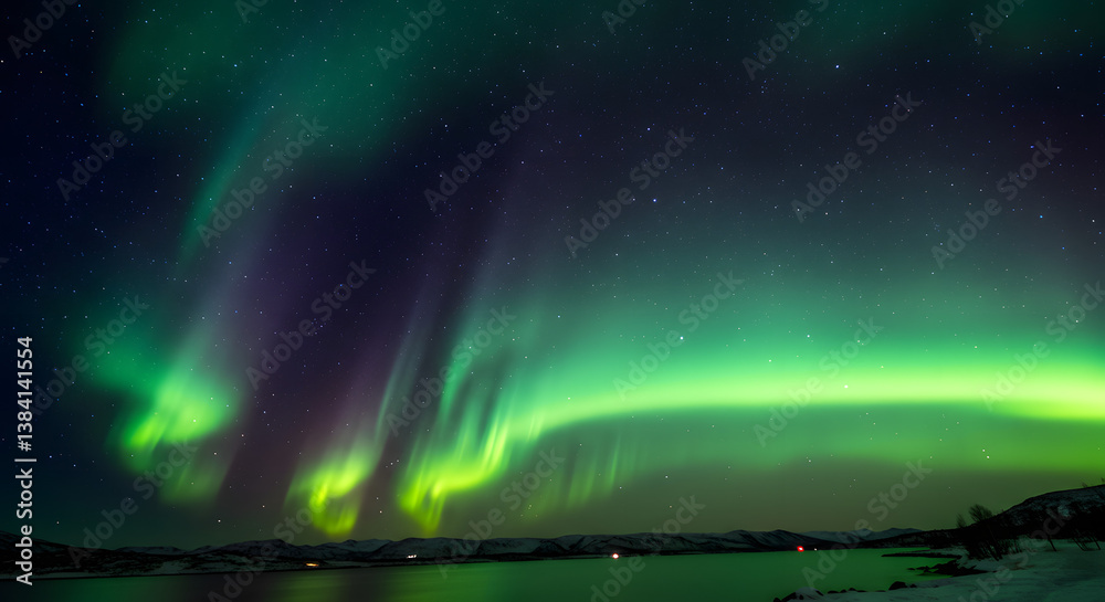Vibrant green aurora borealis dances across a dark, starry sky above a serene, icy lake. The celestial lights shimmer and ripple, casting an ethereal glow on the water. Vibrant green aurora borealis dances across a dark, starry sky above a serene, icy lake. The celestial lights shimmer and ripple, casting an ethereal glow on the water.