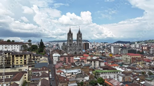 Urban aerial video of the historic center of Quito, Ecuador