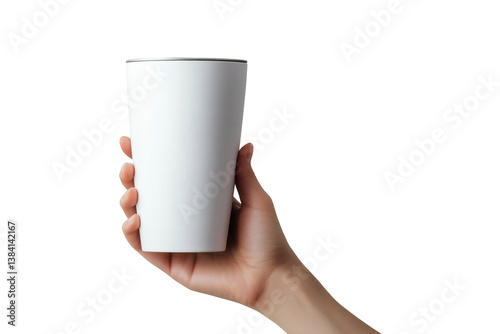 White tumbler mockup held by a hand with smooth design on transparent background photo
