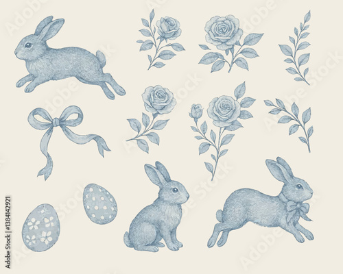 Vintage French style Easter set of elements in blue and white colours