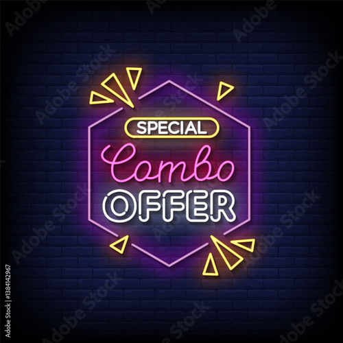 combo offer neon sign with brick wall background vector