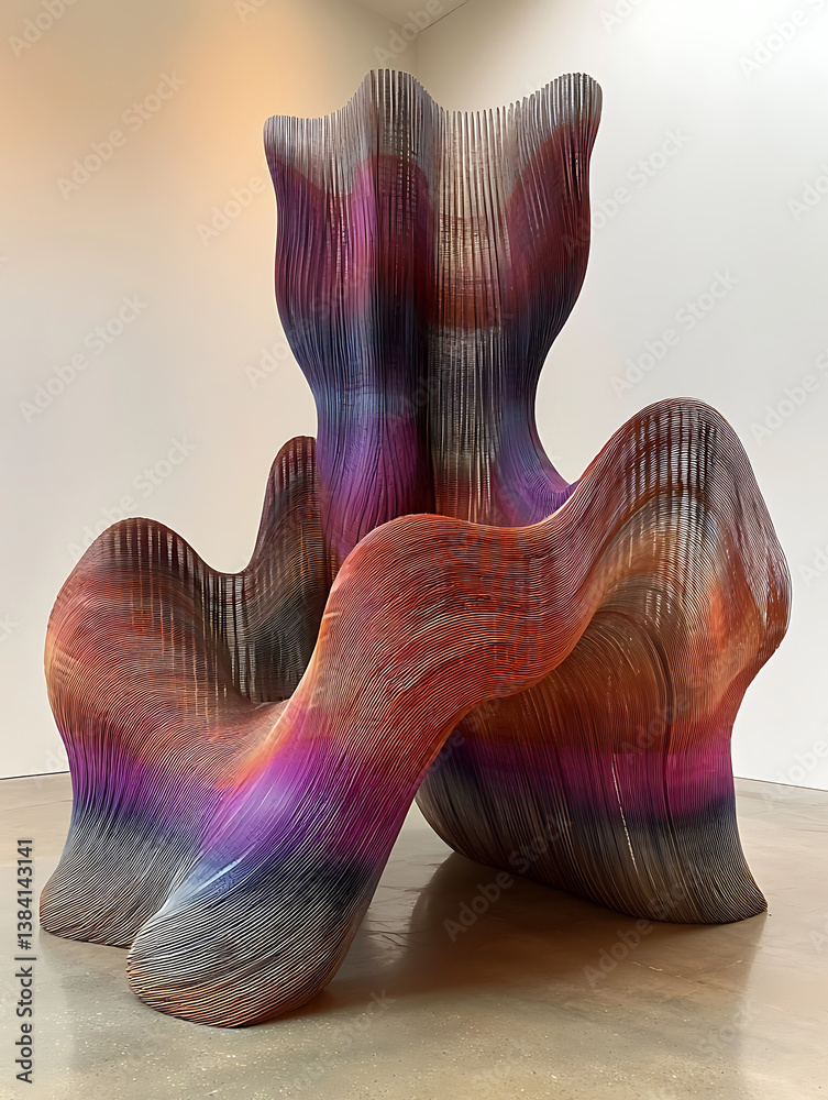 Obraz premium Abstract sculpture of undulating layered panels in vibrant gradients of purple orange and gray tones a modern art piece.