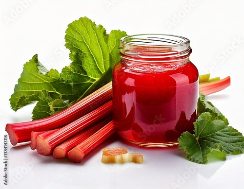 Pot de confiture à la rhubarbe avec tiges et feuilles, isolé sur fond blanc. Generated image