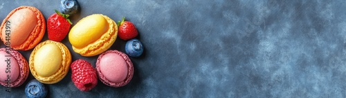Colorful macarons and fresh berries arranged on a dark surface