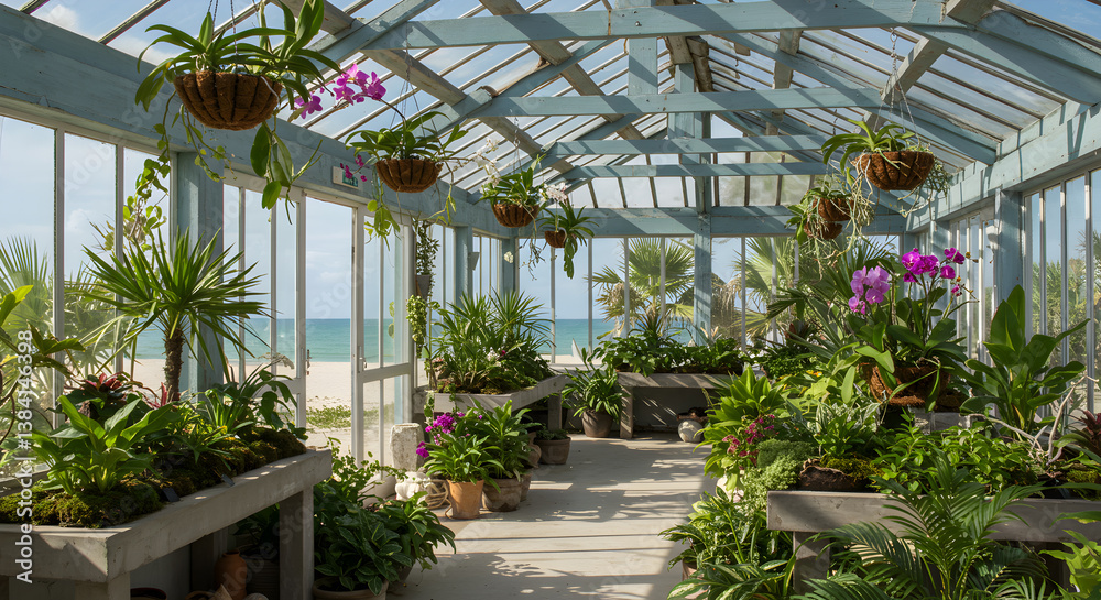 Fototapeta premium Beach House Greenhouse Filled With Tropical Plants And Orchids On The Ocean