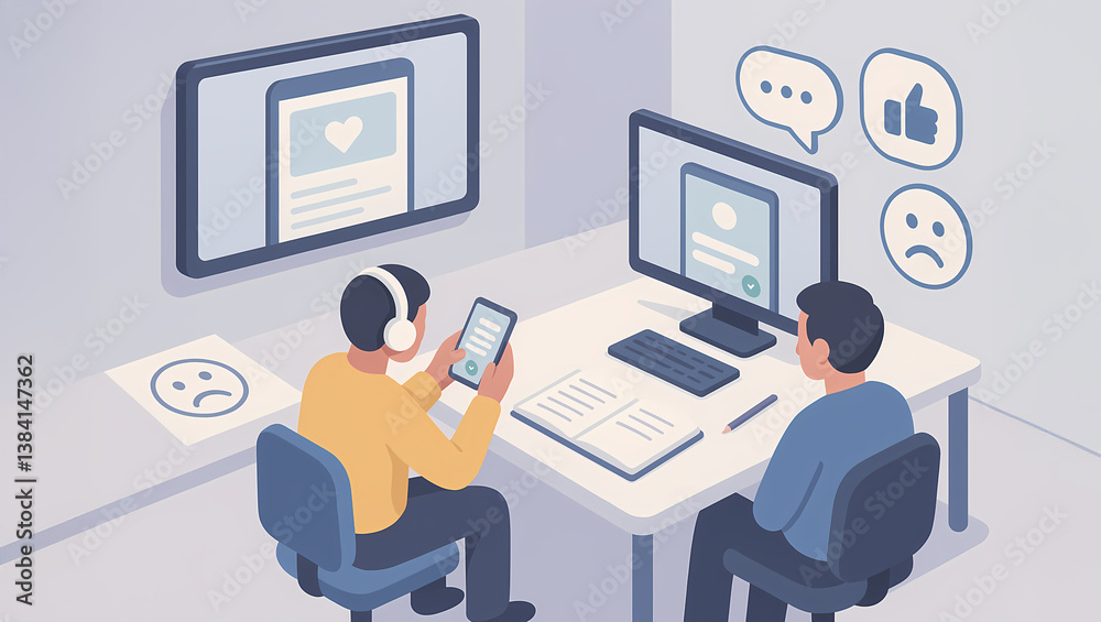 3D Isometric Usability Testing Scene with App User, Observation Screen, Reaction Notes, and Feedback Icons 3D Isometric Usability Testing Scene with App User, Observation Screen, Reaction Notes, and Feedback Icons