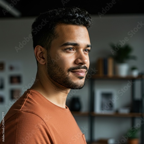 A confident and stylish 3/4 profile headshot of a 30-year-old male senior designer with sharp cheekbones, clean-shaven face, and defined jawline, looking slightly past the camera with a subtle, self-a