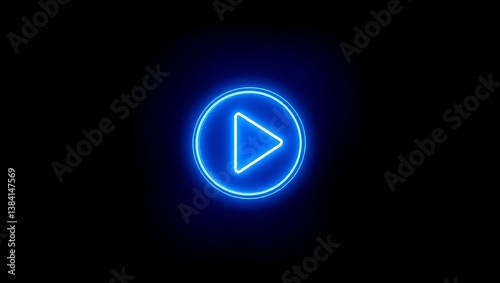 A glowing blue neon play button icon centered on a black background with a modern and digital look