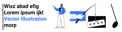 Person presenting data on clipboard, hand holding magnifying glass over password, phishing attempt concept. Ideal for cybersecurity, awareness, online safety, IT, presentations, education simple