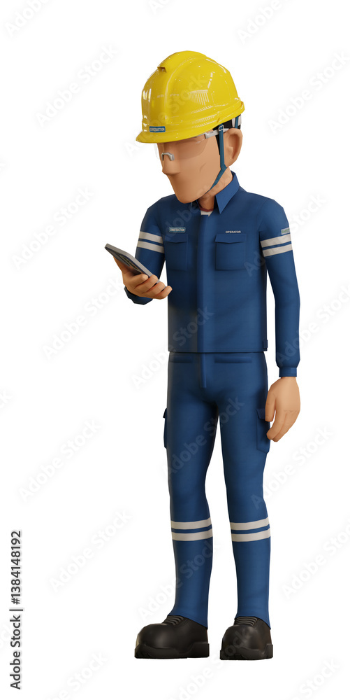Isolate industrial operator is checking something in his mobile phone Isolate industrial operator is checking something in his mobile phone
