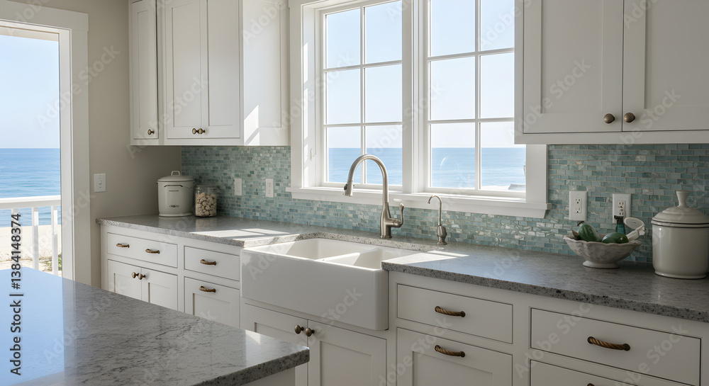 Fototapeta premium Coastal Style Kitchen Design Featuring Whitewashed Cabinets And Ocean View