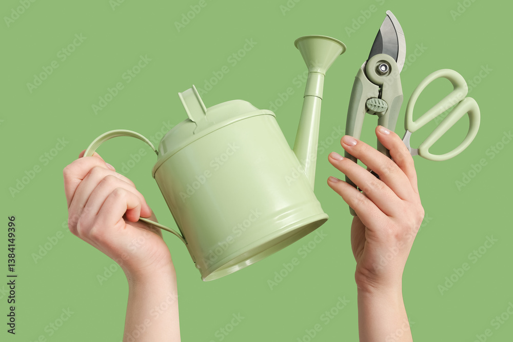 Female hands with watering can, pruner and scissors on green background