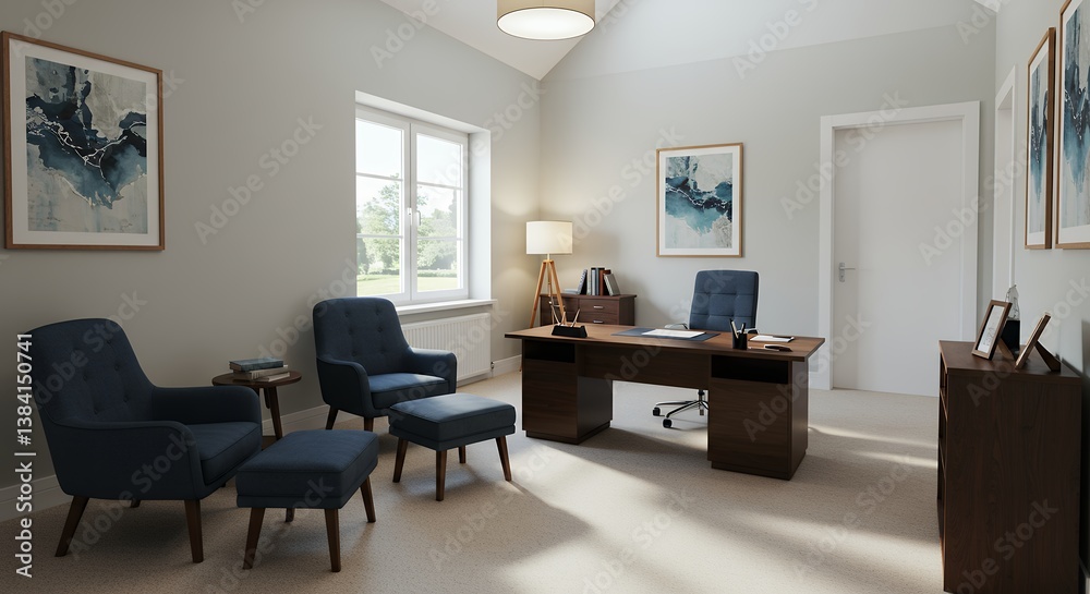 Elegant office interior featuring a wooden desk, comfortable blue chairs, and stylish artwork creating a sophisticated work environment for productivity and comfort Elegant office interior featuring a wooden desk, comfortable blue chairs, and stylish artwork creating a sophisticated work environment for productivity and comfort
