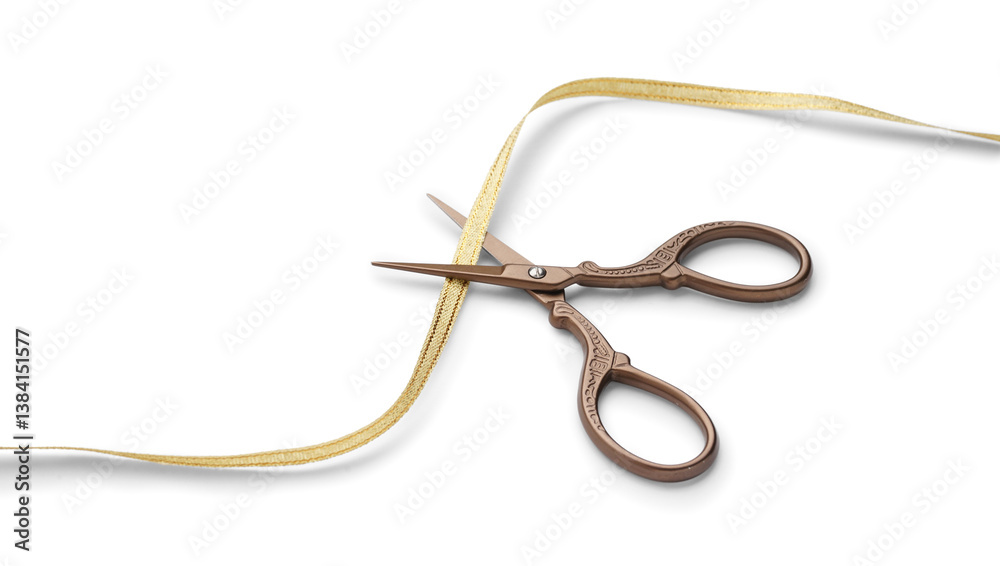 Golden ribbon with scissors on white background Golden ribbon with scissors on white background