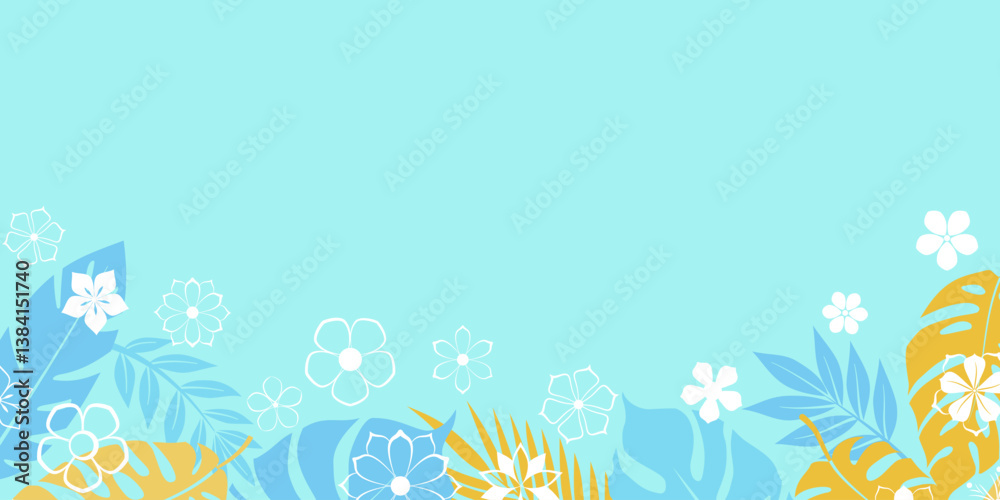 A vibrant vector illustration featuring tropical flowers and lush leaves set against a light blue background, perfect for summer-themed designs.