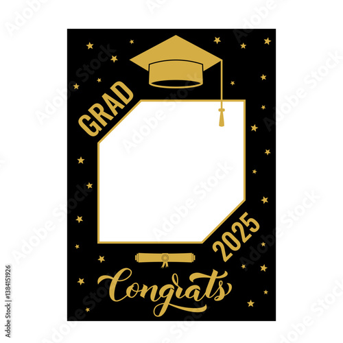 Class of 2025 photo booth frame isolated on white. Graduation party photobooth props. Grad celebration selfie frame.  Prom decorations. Vector template.
