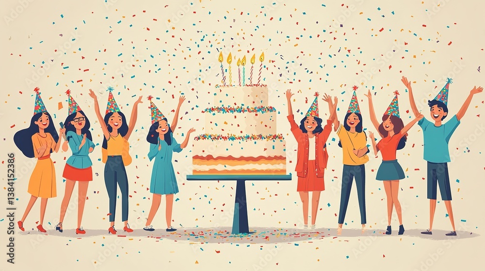 Obraz premium Celebratory Gathering Around a Festive Cake with Confetti Shower for Joyful Moments