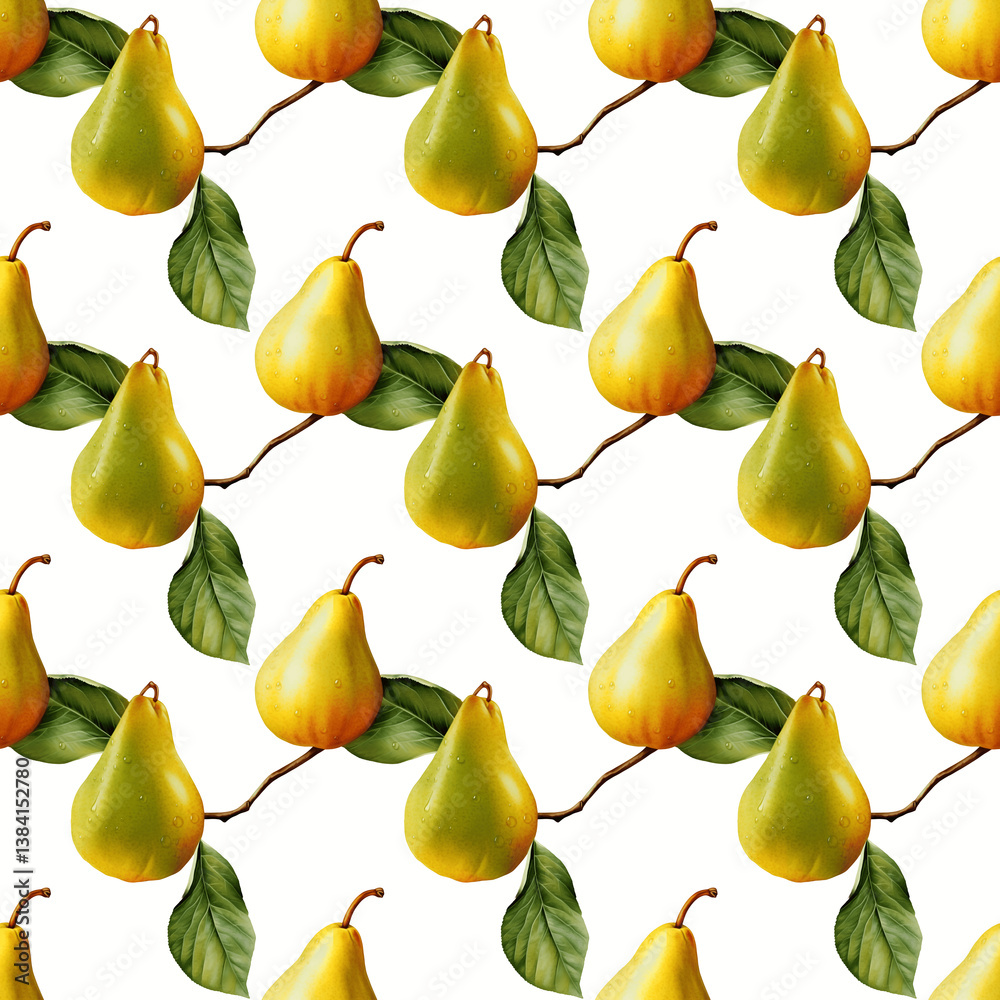 Obraz premium Seamless pattern of yellow pears with green leaves on white background - organic fruit textile design