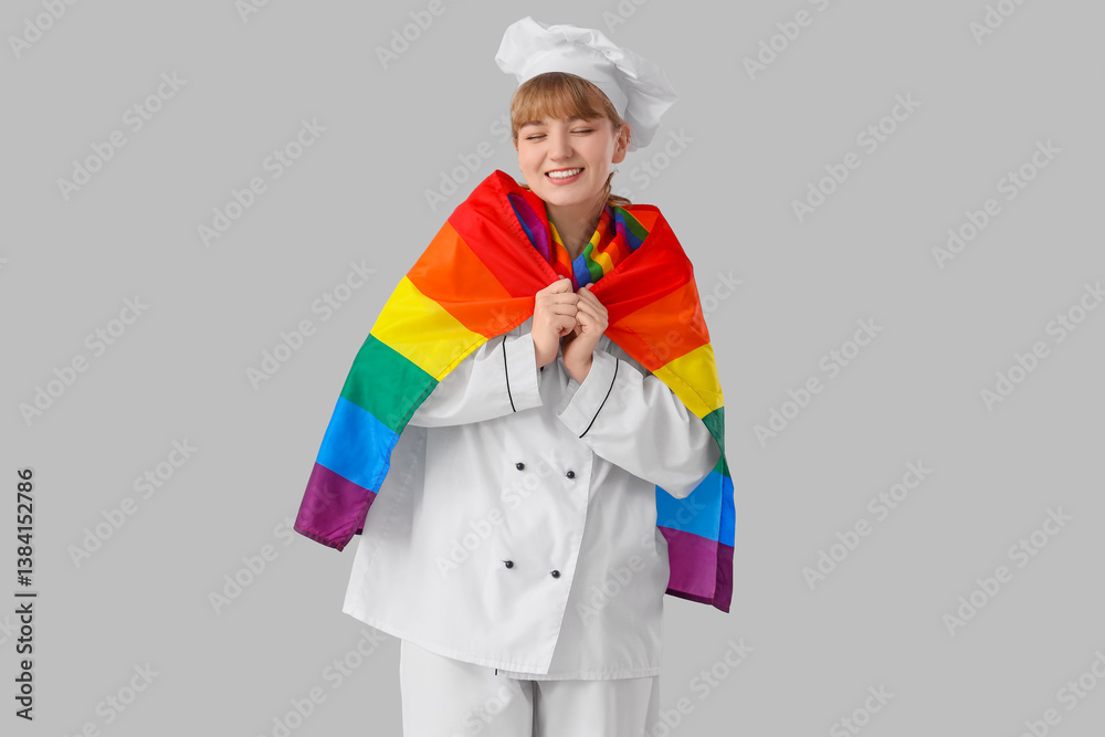 Female chef with LGBT flag on light background