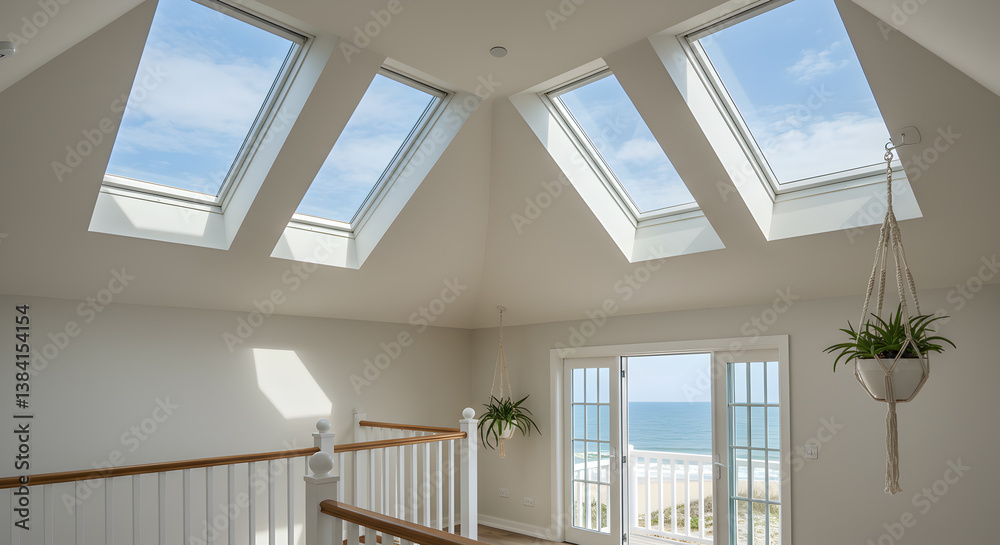 Fototapeta premium Bright Beach House Loft Interior Featuring Skylights and Ocean View
