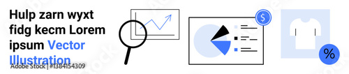 Magnifying glass over upward chart, pie chart with data, dollar icon, product illustration with percentage marker. Ideal for business, marketing, analytics, e-commerce, finance strategy simple