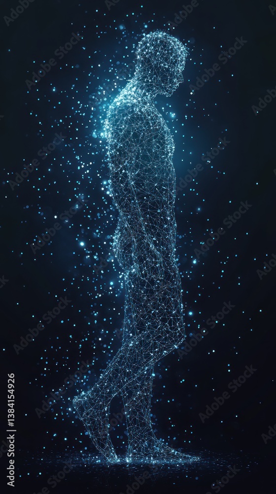 Digital figure walking; abstract; dark background; particles; concept Digital figure walking; abstract; dark background; particles; concept