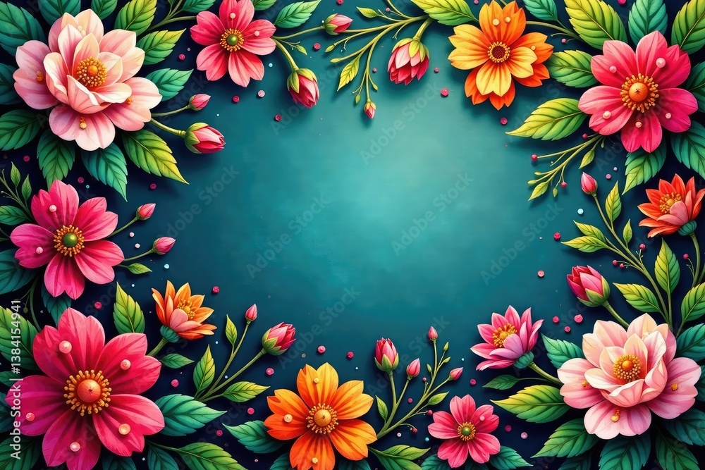 Fototapeta premium Intricate floral pattern, vibrant blooms and leaves , brochure, delicate, element