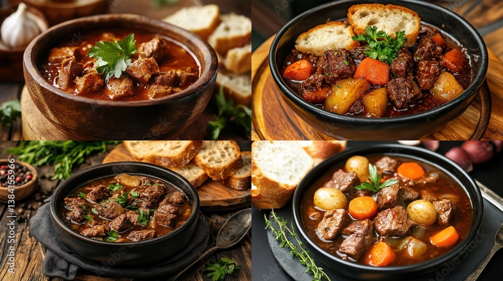 Four variations of hearty beef stew in bowls with bread. Four variations of hearty beef stew in bowls with bread.