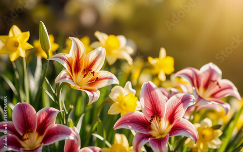 A vibrant garden scene showcases blooming pink lilies and yellow daffodils bathed in warm sunlight. A beautiful display of spring or summer flowers in full blossom.