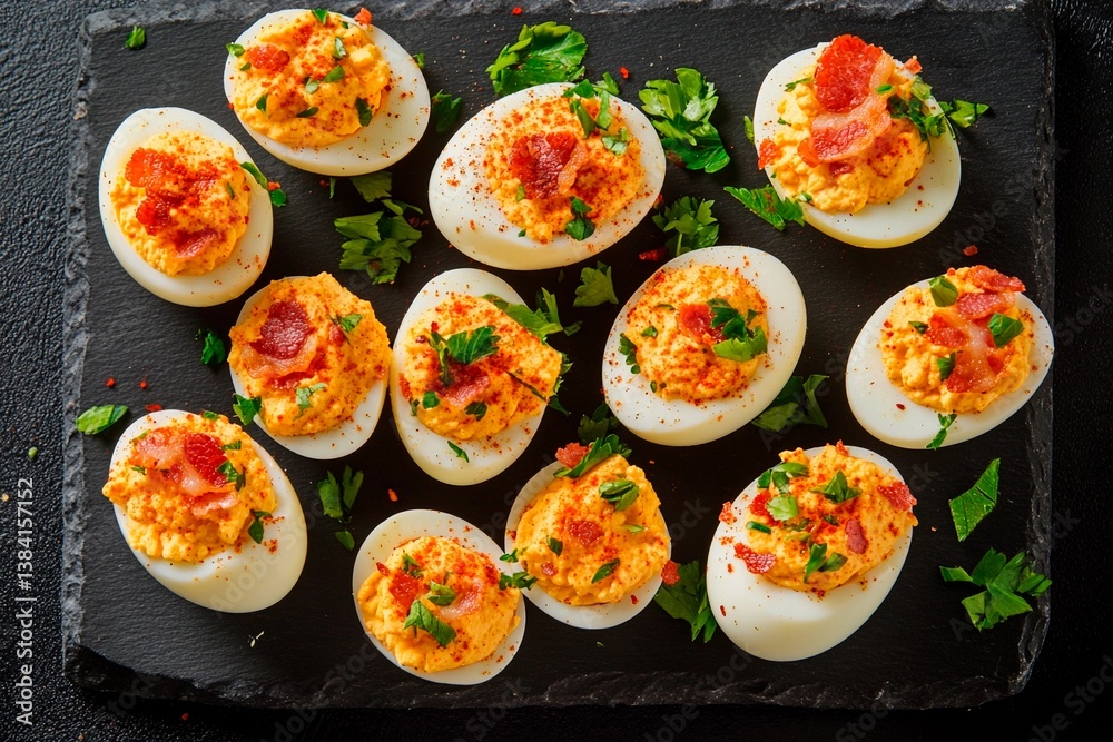 A variety of deviled eggs are arranged artistically on a dark stone board. Each halved egg is garnished with herbs and bits of bacon, showcasing vibrant colors and textures A variety of deviled eggs are arranged artistically on a dark stone board. Each halved egg is garnished with herbs and bits of bacon, showcasing vibrant colors and textures