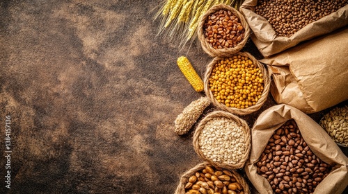 Variety of whole grains and legumes in brown paper bags