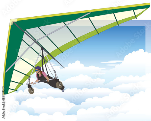 hang gliding, female glider soaring high above the clouds with a blue sky