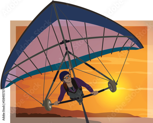 hang gliding, female glider soaring high above mountains in the sunset sky