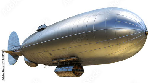 A sleek, silver airship floats against a white background, showcasing its streamlined structure and gondola below. The large, oval-shaped body and rear stabilizers emphasize its design 