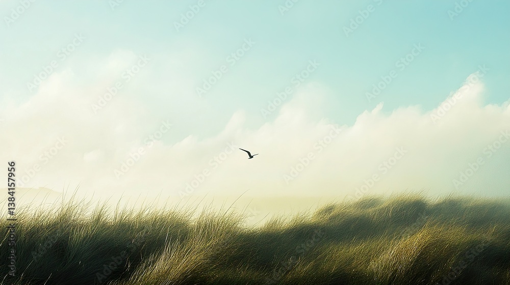 Fototapeta premium Serene Coastal Landscape: Bird in Flight over Grassy Dunes