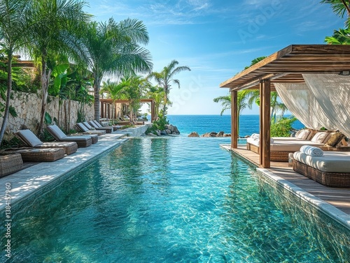 A wideangle view of a luxury beach resort with private cabanas and crystalclear water, Tropical Luxury, Relaxing and indulgent