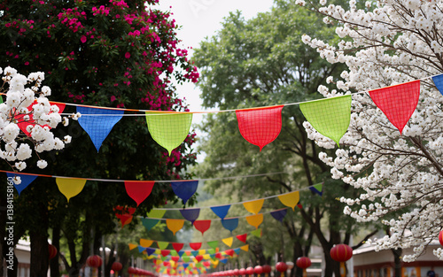Colorful flags strung across a street lined with blooming trees. Bright triangular pennants decorate the path under a canopy of flowers and leaves.