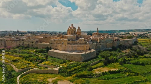 Drone aerial view of Mdina old city - old capital of Malta island