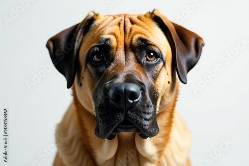 Noble mastiff head shot, intense gaze, pure white backdrop, head shot, ears