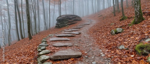 Misty Forest Path with Stone Steps