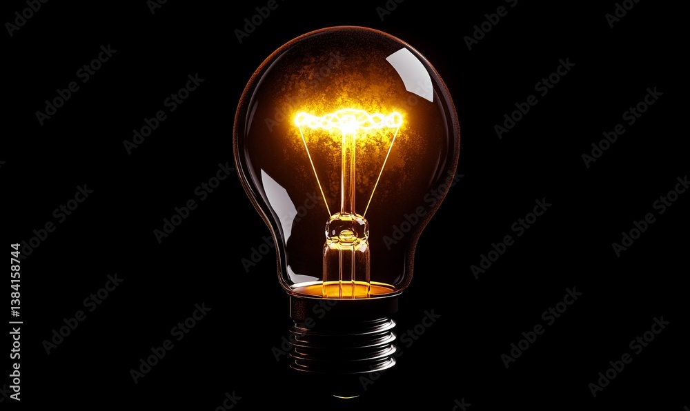 Illuminated lightbulb, glowing brightly against a black background. A classic, incandescent light bulb, emitting a warm, golden light. The glass is clear, showcasing the filament's bright interior Illuminated lightbulb, glowing brightly against a black background. A classic, incandescent light bulb, emitting a warm, golden light. The glass is clear, showcasing the filament's bright interior