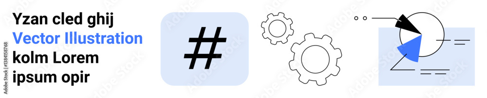 Obraz premium Gear wheels, pie chart with segments, and a metadata tag icon representing collaboration, data, and progress. Ideal for technology, teamwork, analytics, communication innovation development simple