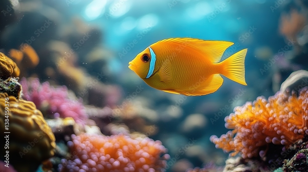 Obraz premium Vibrant underwater world, sunburst fish swimming among colorful coral reef