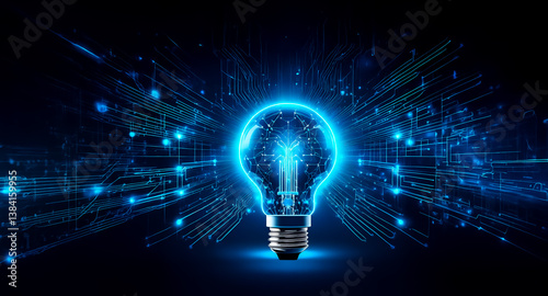 A glowing blue lightbulb is centered against a dark backdrop, surrounded by abstract blue lines that resemble digital connections, symbolizing innovation and technology.