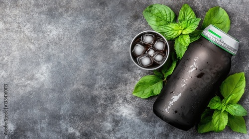 Cold beverage drink, ice cubes, and mint leaves on a textured gray stone background